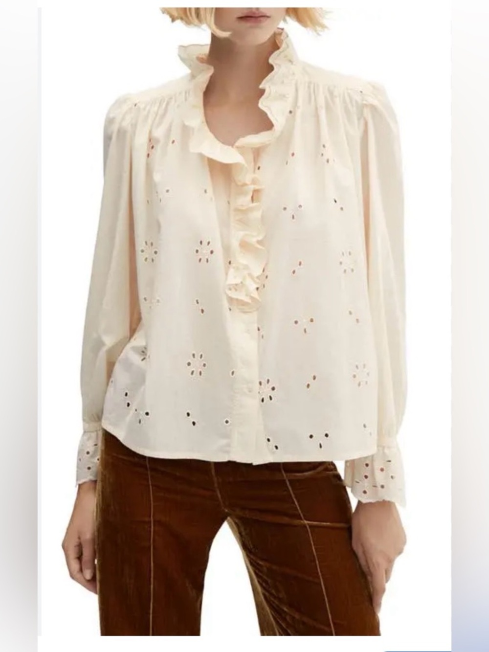 NWOT Mango 100% Cotton Eyelet Ruffle Cream Romantic Blouse XL